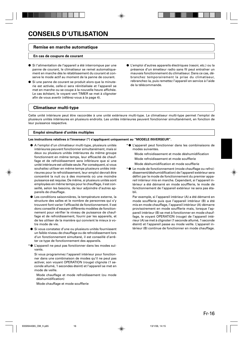 Conseils d’utilisation, Fr-16, Remise en marche automatique | Climatiseur multi-type | Friedrich 9359944065 User Manual | Page 35 / 56