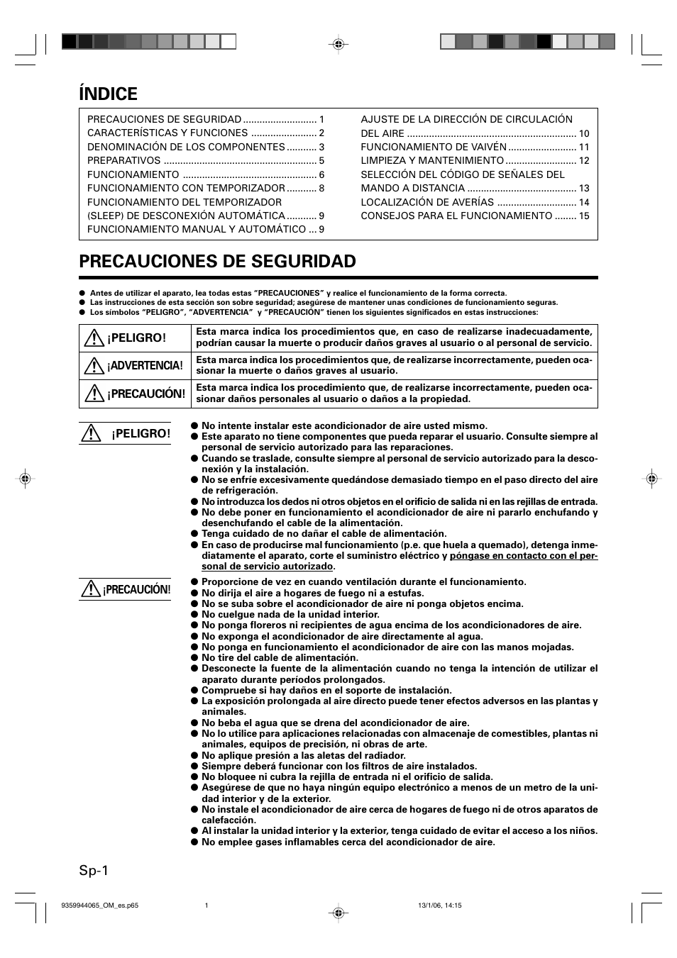 Índice, Precauciones de seguridad, Sp-1 | Friedrich 9359944065 User Manual | Page 38 / 56