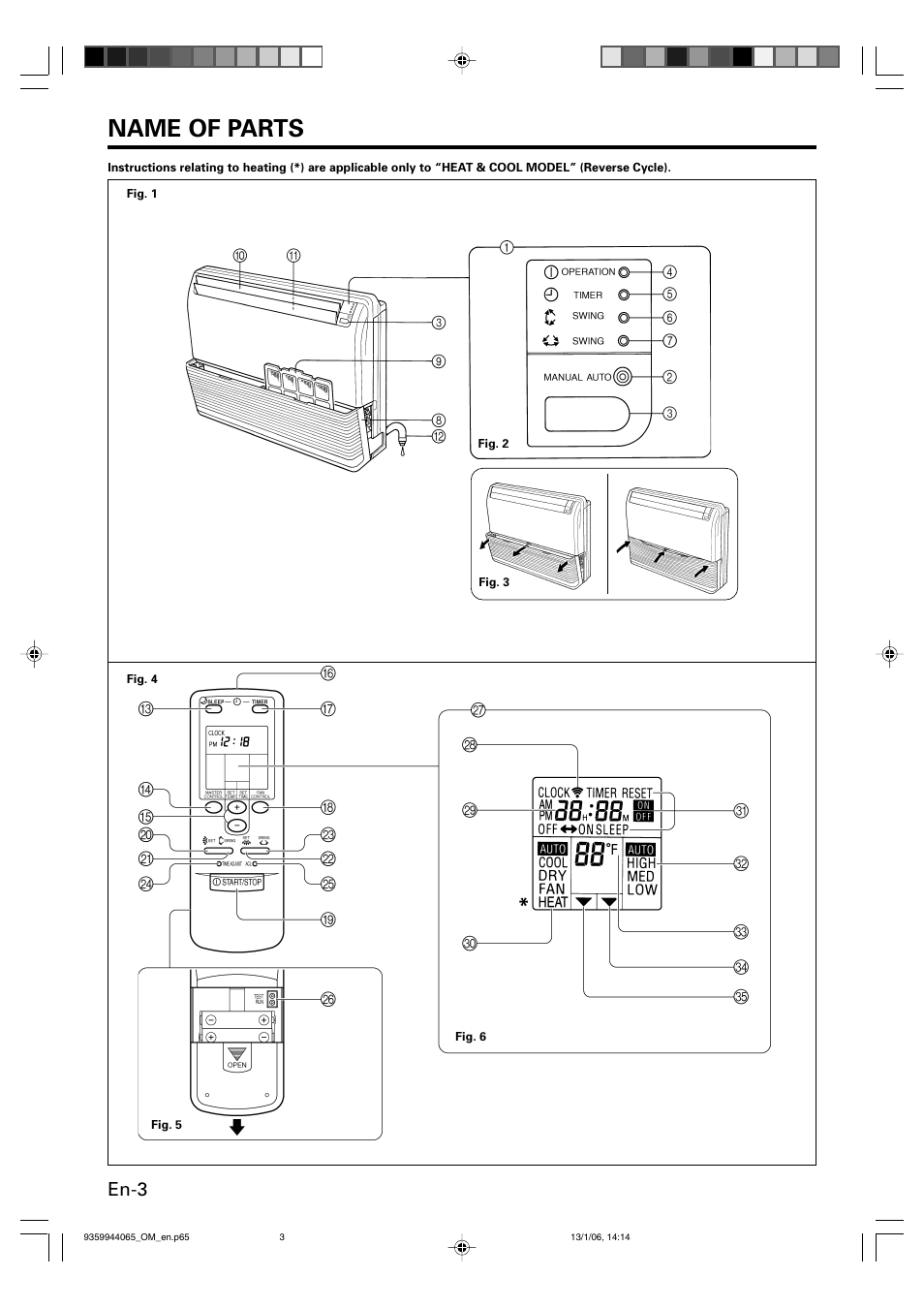 Name of parts, En-3 | Friedrich 9359944065 User Manual | Page 4 / 56