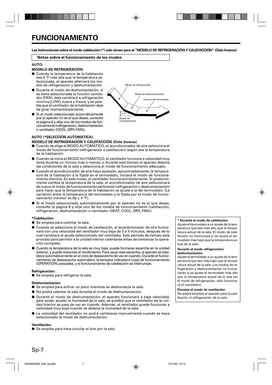 Funcionamiento, Sp-7 | Friedrich 9359944065 User Manual | Page 44 / 56