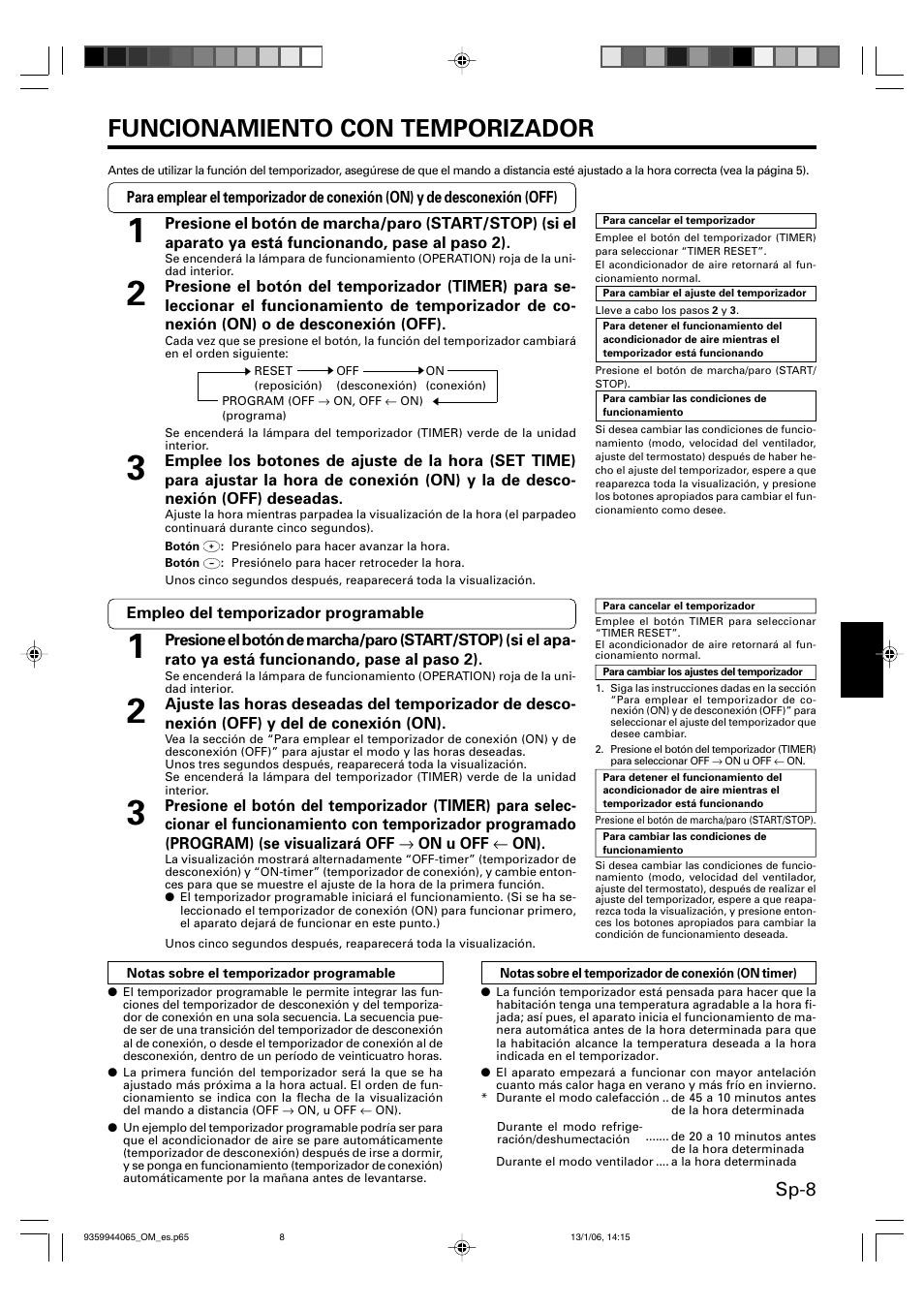 Funcionamiento con temporizador, Sp-8 | Friedrich 9359944065 User Manual | Page 45 / 56