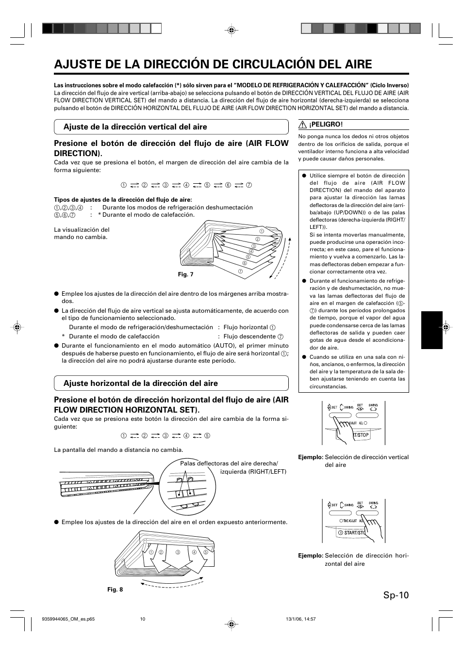 Ajuste de la dirección de circulación del aire, Sp-10 | Friedrich 9359944065 User Manual | Page 47 / 56