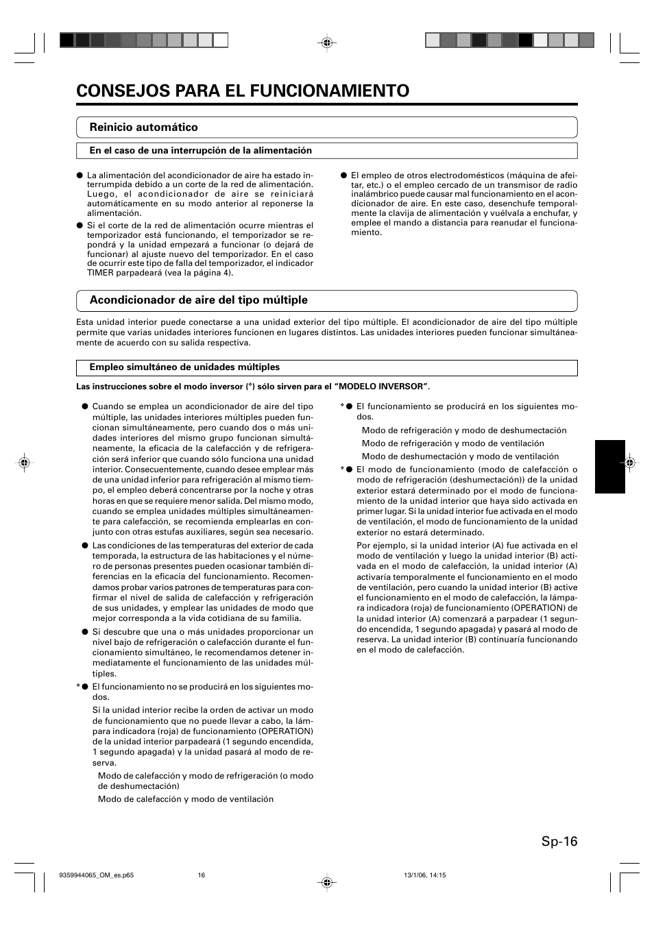 Consejos para el funcionamiento, Sp-16, Reinicio automático | Acondicionador de aire del tipo múltiple | Friedrich 9359944065 User Manual | Page 53 / 56