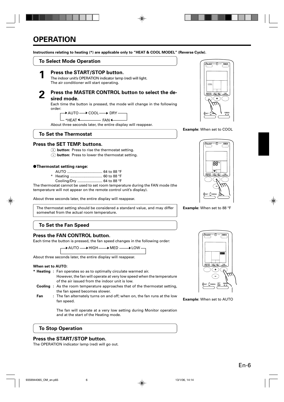 Operation, En-6 | Friedrich 9359944065 User Manual | Page 7 / 56