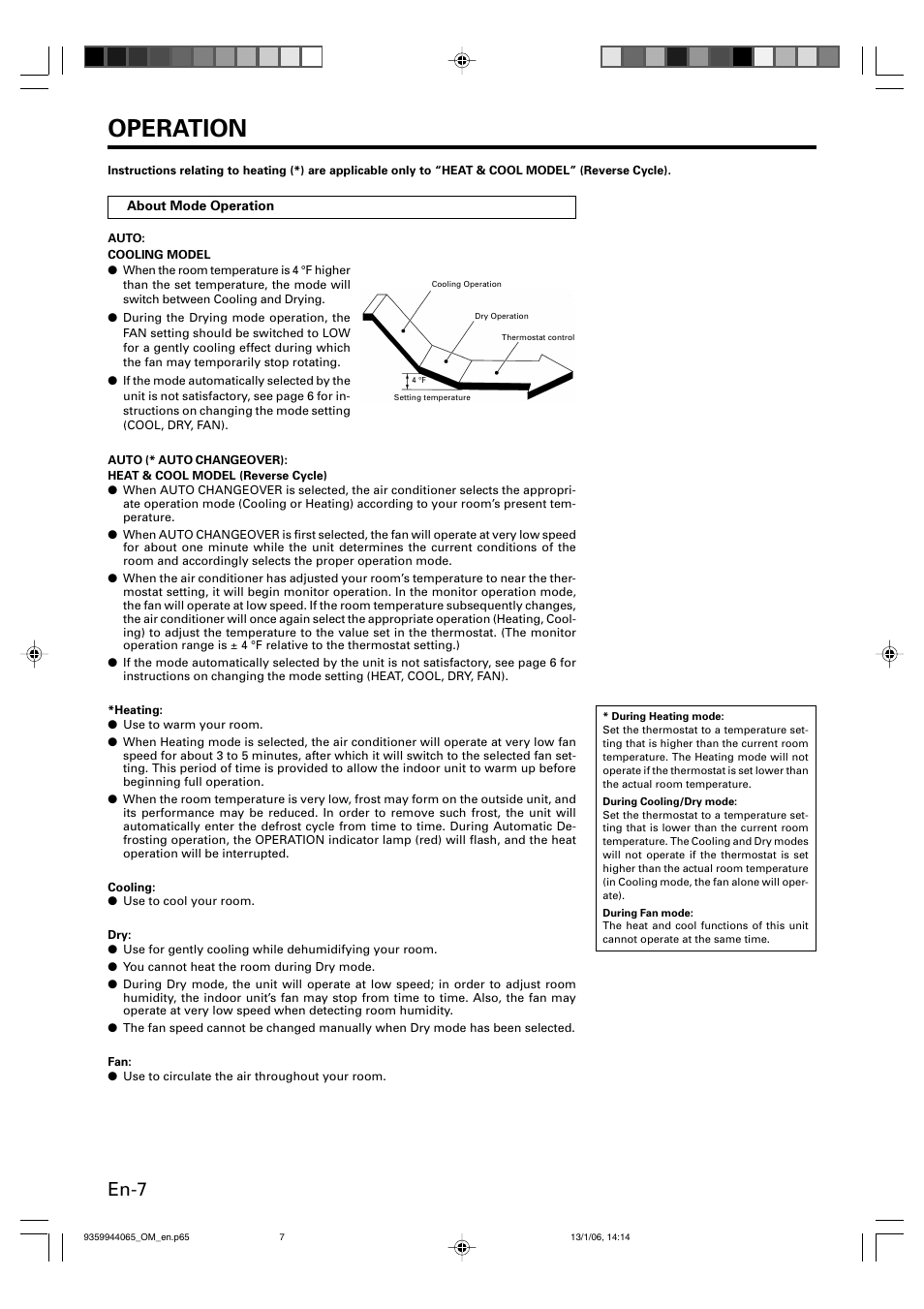 Operation, En-7 | Friedrich 9359944065 User Manual | Page 8 / 56