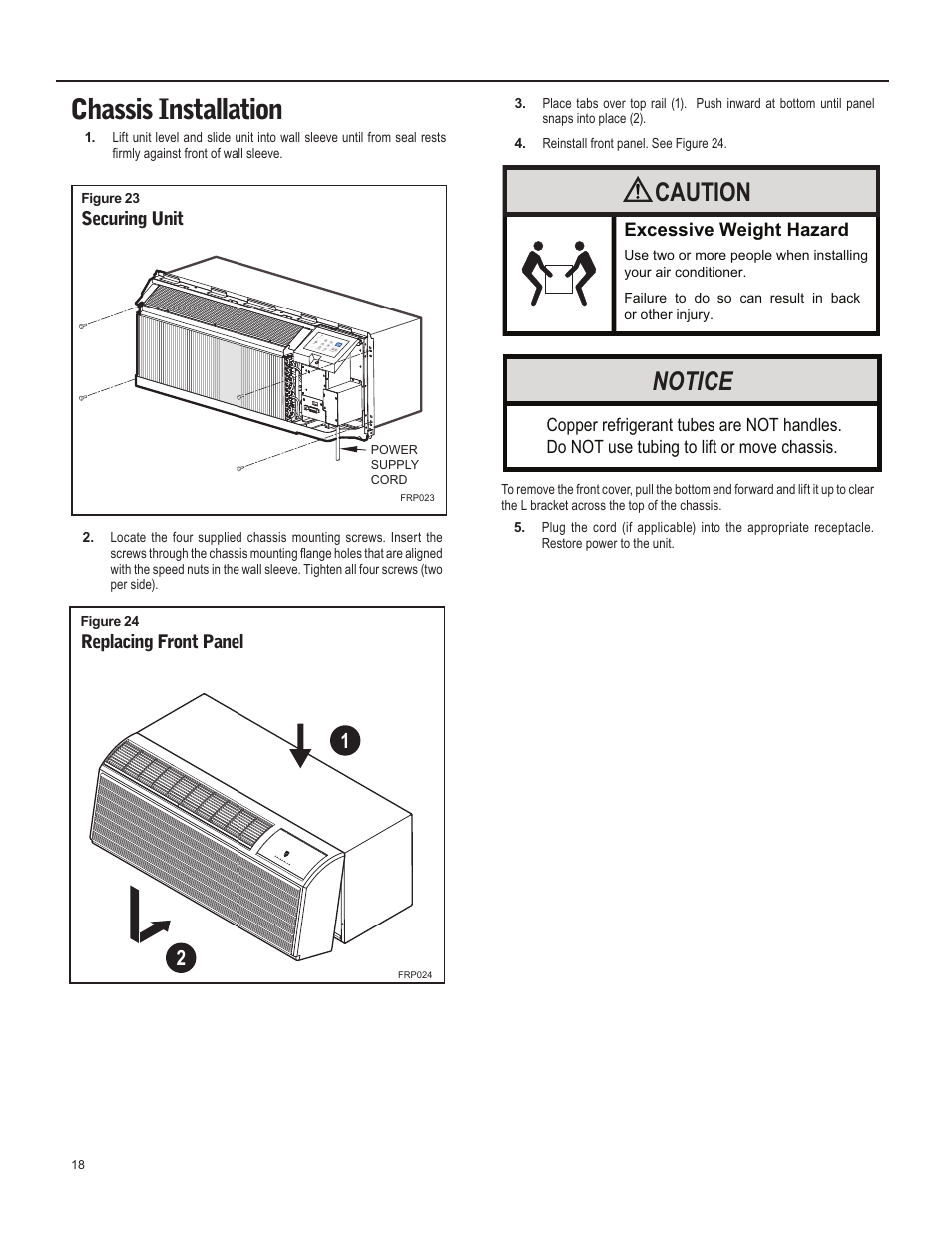 Chassis installation, Notice, Caution | Friedrich 920-087-09 (12/10) User Manual | Page 18 / 36