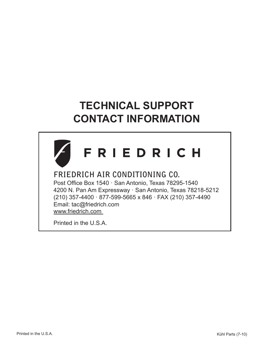 Technical support contact information, Friedrich air conditioning co | Friedrich KUHL + XSTAR R-410A User Manual | Page 16 / 16