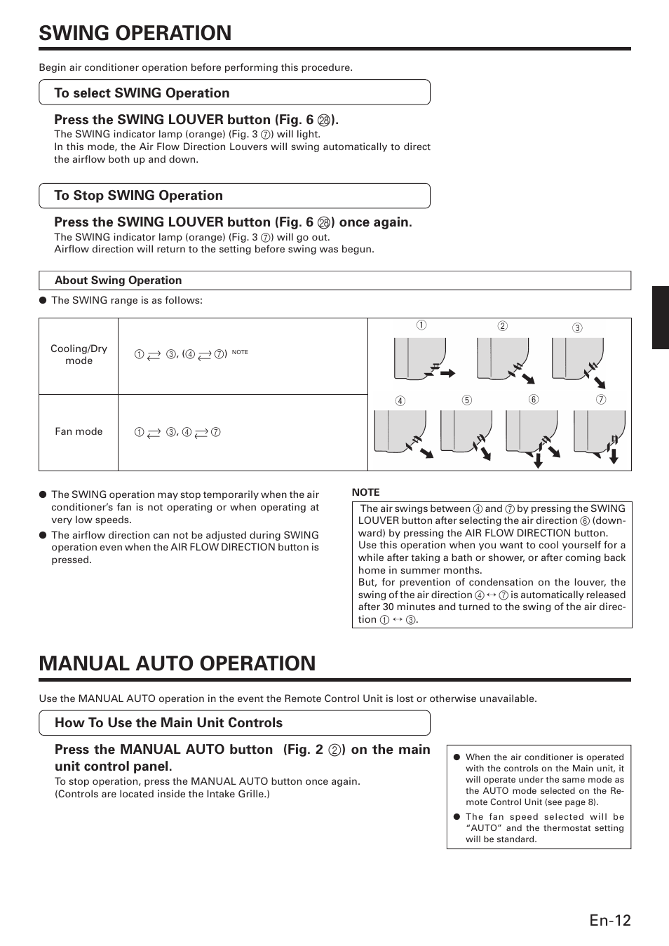 Swing operation, Manual auto operation, En-12 | Friedrich MW12C3E User Manual | Page 15 / 62