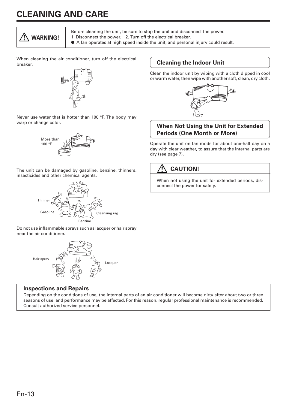 Cleaning and care, En-13, Cleaning the indoor unit | Caution, Inspections and repairs, Warning | Friedrich MW12C3E User Manual | Page 16 / 62