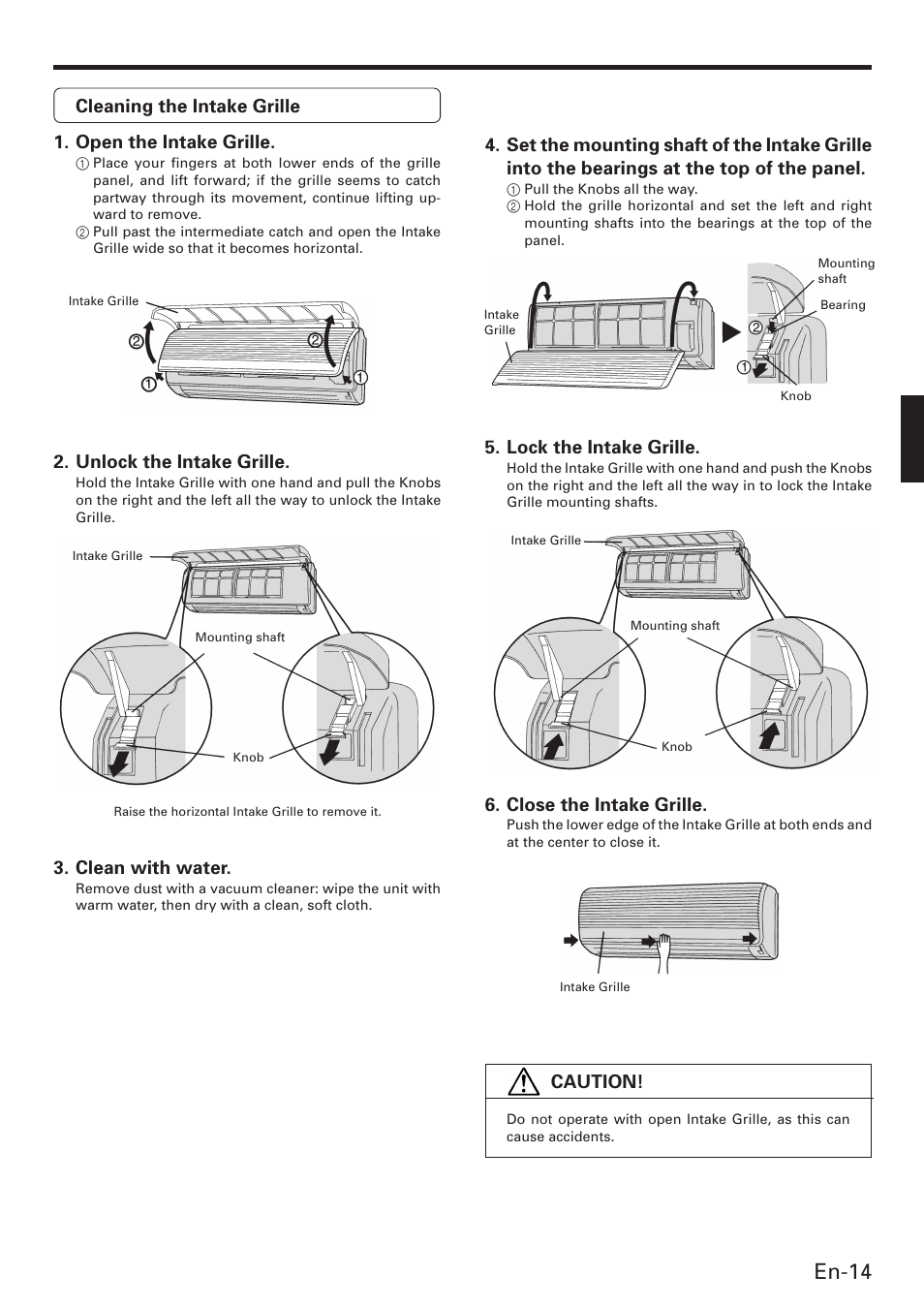 En-14, Unlock the intake grille, Clean with water | Lock the intake grille, Close the intake grille, Caution | Friedrich MW12C3E User Manual | Page 17 / 62