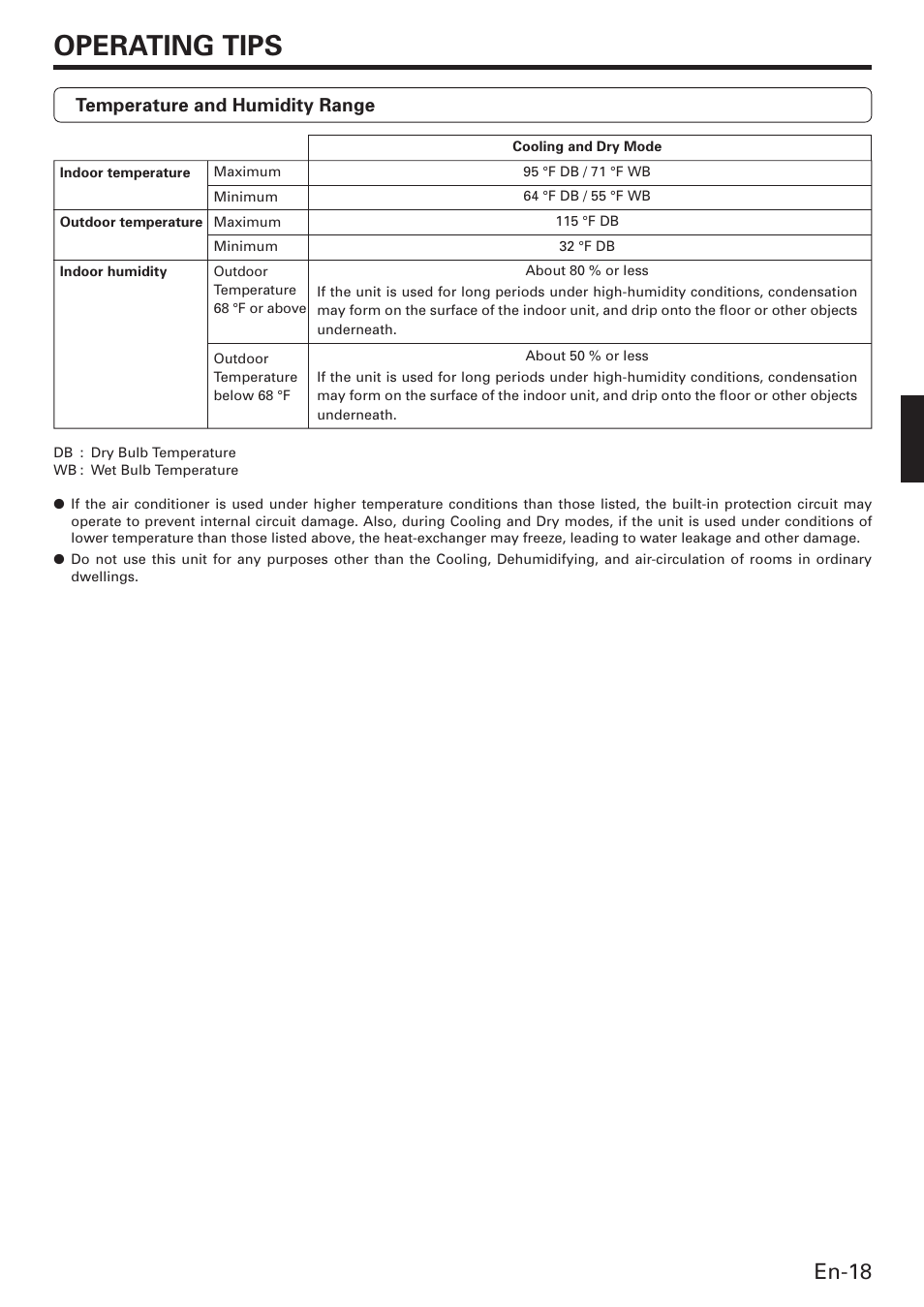 Operating tips, En-18, Temperature and humidity range | Friedrich MW12C3E User Manual | Page 21 / 62