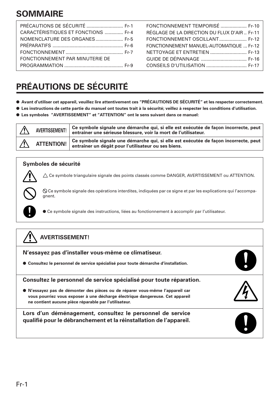 Sommaire, Preautions de sécurite, Fr-1 | Friedrich MW12C3E User Manual | Page 22 / 62