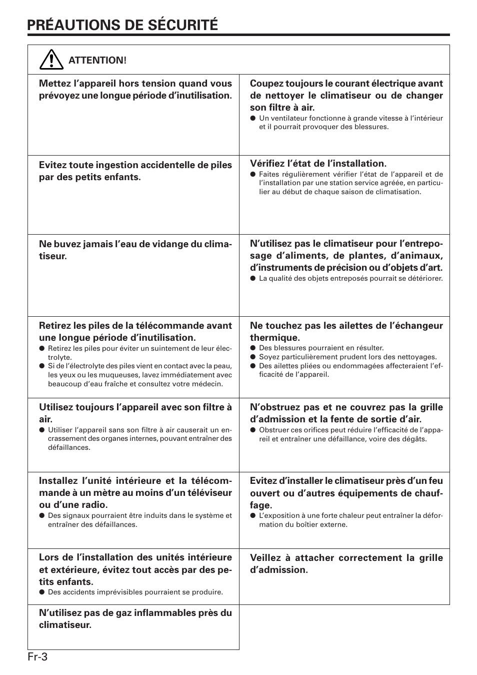 Preautions de sécurite, Fr-3 | Friedrich MW12C3E User Manual | Page 24 / 62