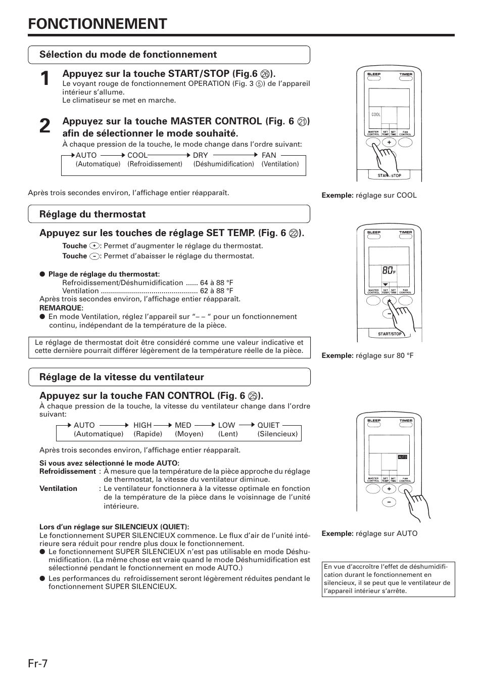 Fonctionnement, Fr-7, Sélection du mode de fonctionnement | Appuyez sur la touche start/stop (fig.6 p ) | Friedrich MW12C3E User Manual | Page 28 / 62