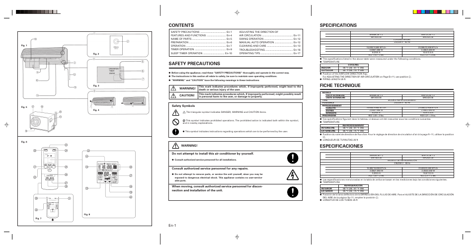 Specifications, Fiche technique, Especificaciones | Contents safety precautions, En-1, Warning! caution, Safety symbols | Friedrich MW12C3E User Manual | Page 3 / 62