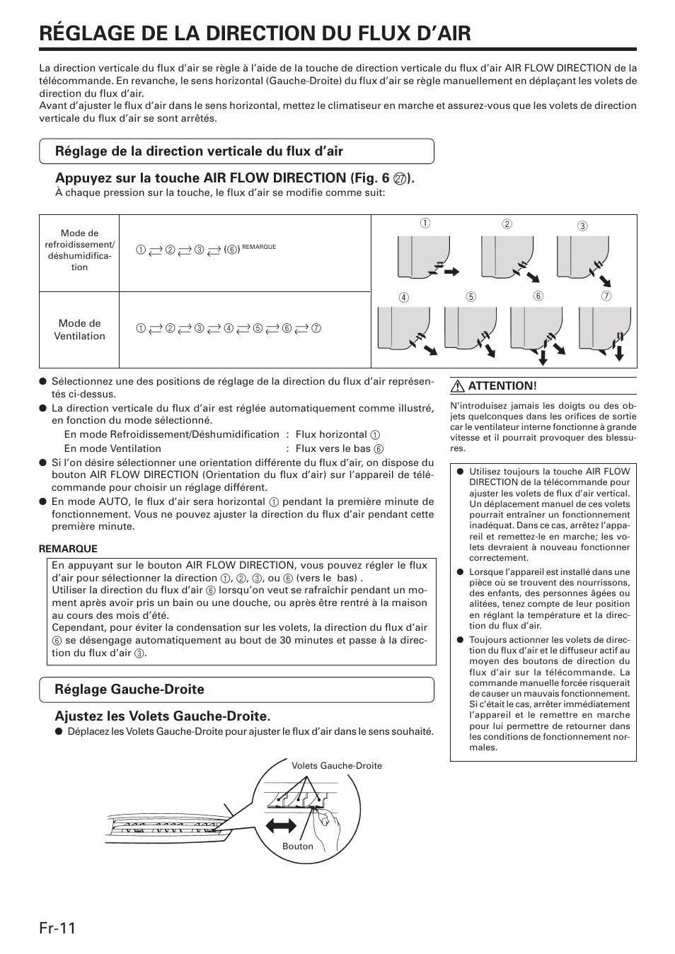 Réglage de la direction du flux d’air, Fr-11 | Friedrich MW12C3E User Manual | Page 32 / 62