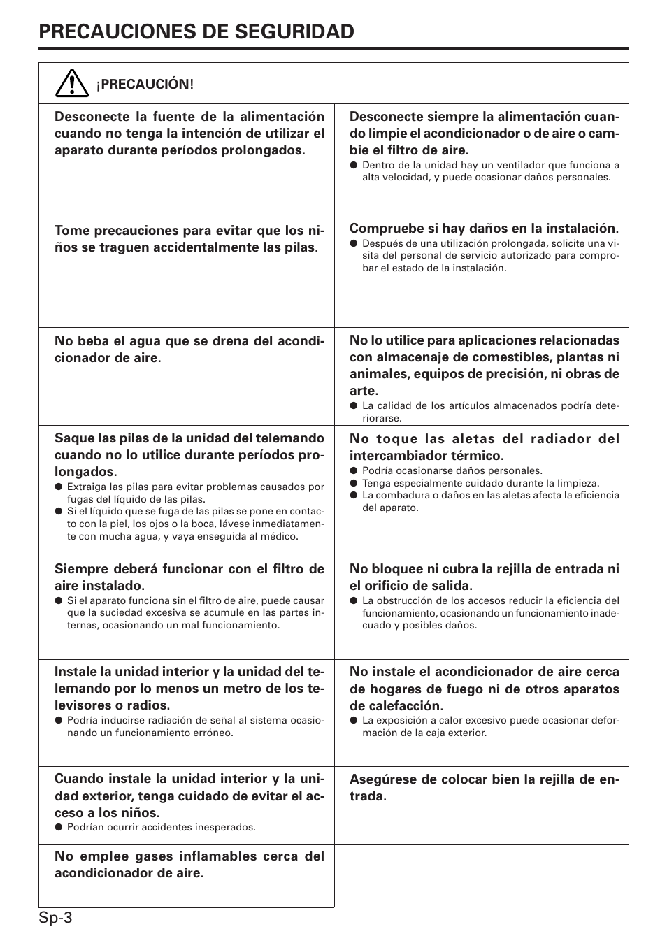Precauciones de seguridad, Sp-3 | Friedrich MW12C3E User Manual | Page 42 / 62