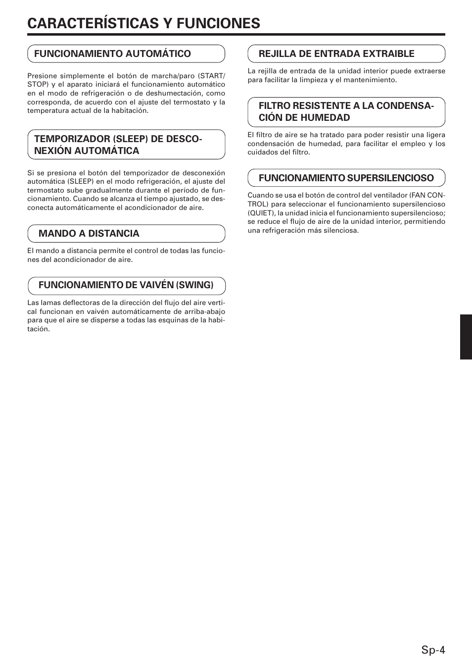 Características y funciones, Sp-4 | Friedrich MW12C3E User Manual | Page 43 / 62