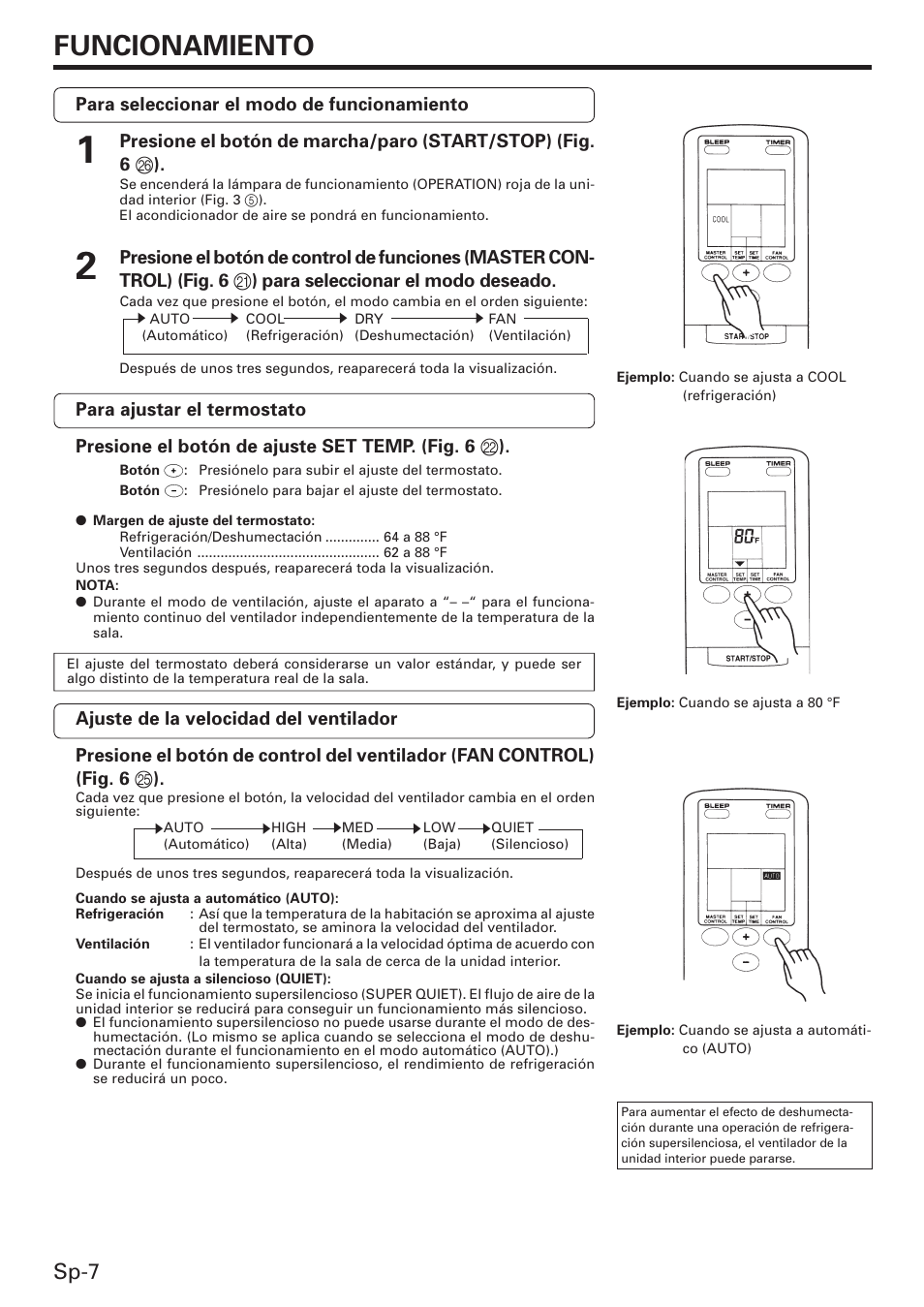 Funcionamiento, Sp-7, Para seleccionar el modo de funcionamiento | Friedrich MW12C3E User Manual | Page 46 / 62