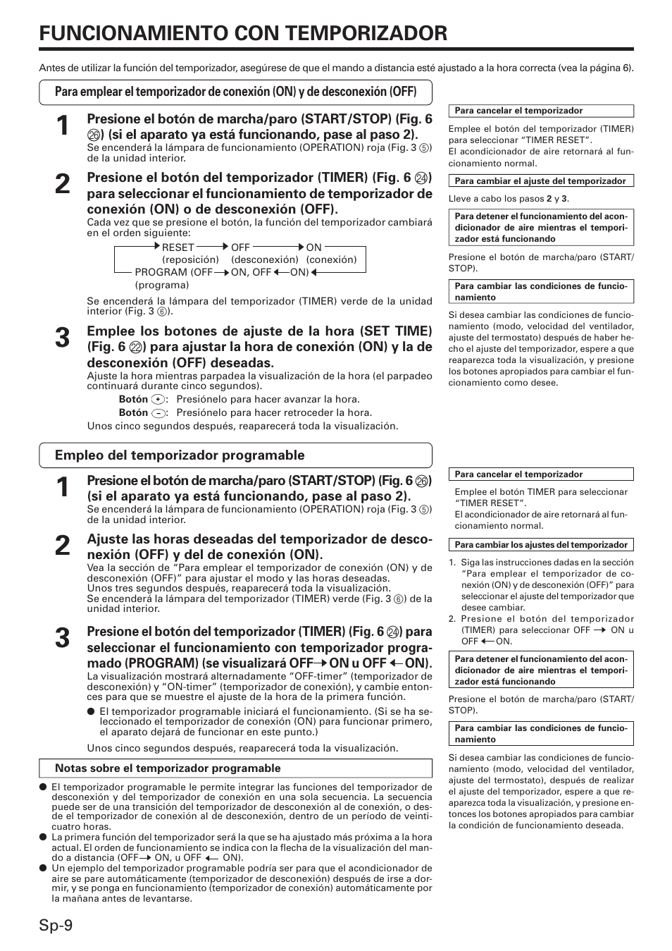 Funcionamiento con temporizador, Sp-9 | Friedrich MW12C3E User Manual | Page 48 / 62