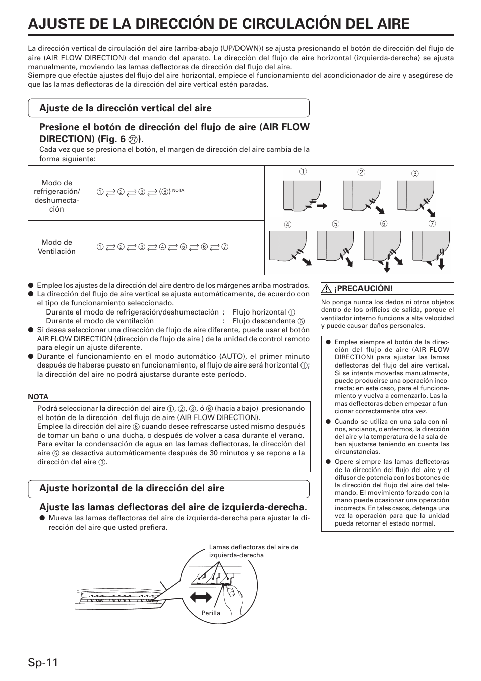 Ajuste de la dirección de circulación del aire, Sp-11 | Friedrich MW12C3E User Manual | Page 50 / 62