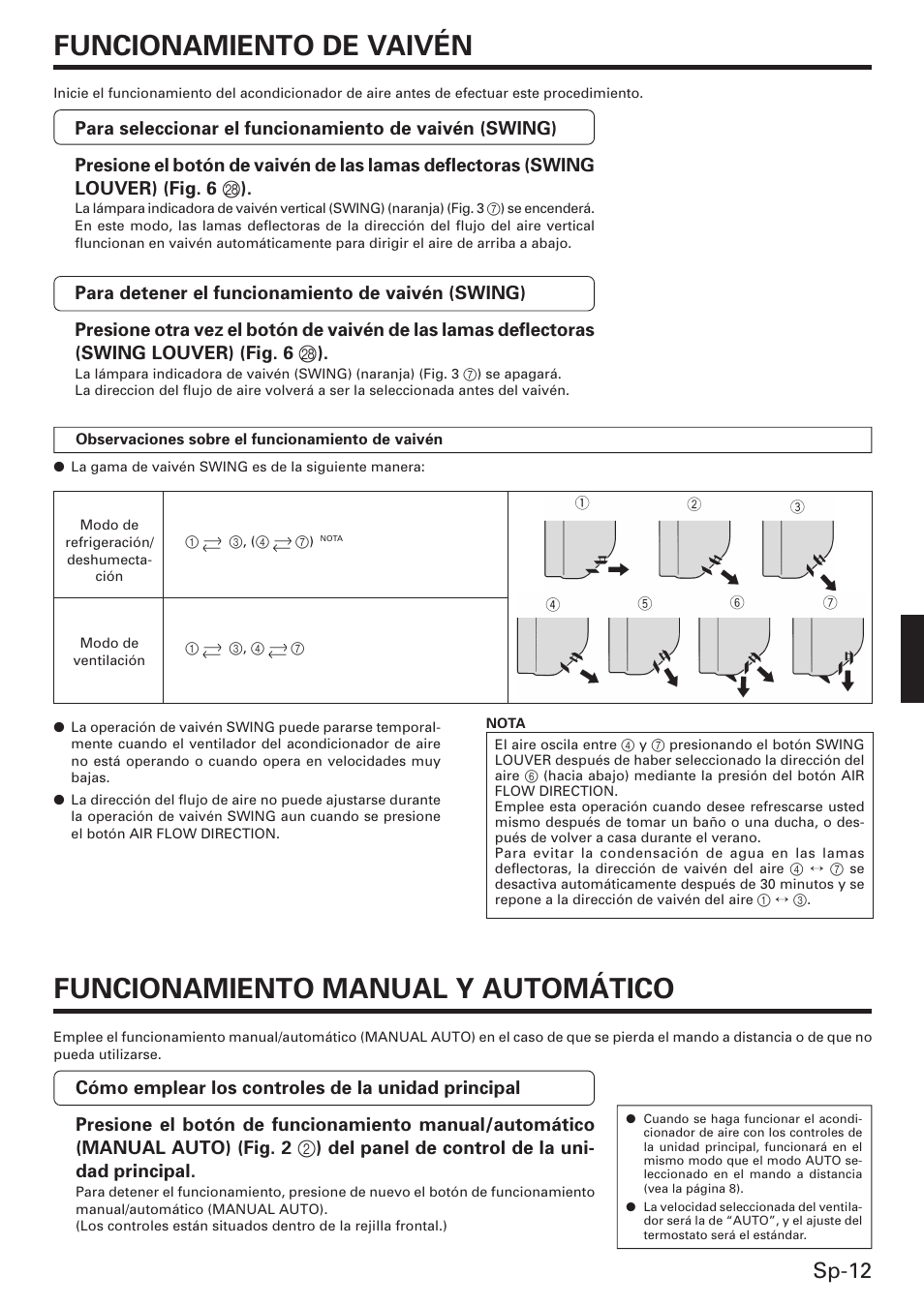 Funcionamiento de vaivén, Funcionamiento manual y automático, Sp-12 | Friedrich MW12C3E User Manual | Page 51 / 62