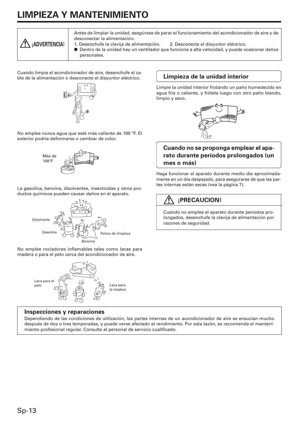 Limpieza y mantenimiento, Sp-13, Limpieza de la unidad interior | Precaucion, Inspecciones y reparaciones, Advertencia | Friedrich MW12C3E User Manual | Page 52 / 62