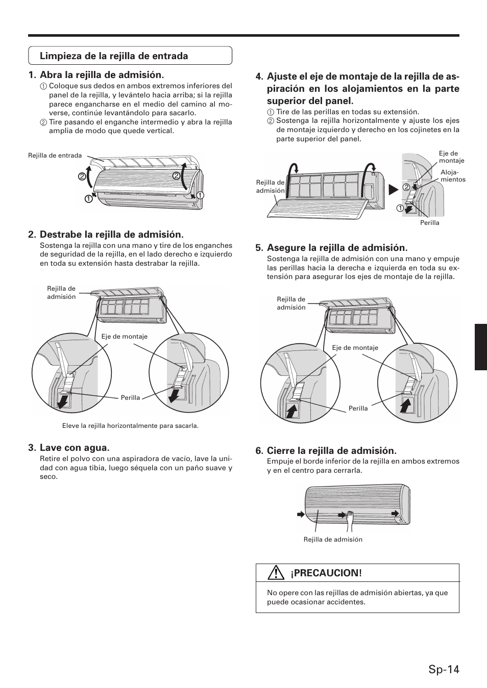 Sp-14, Destrabe la rejilla de admisión, Lave con agua | Asegure la rejilla de admisión, Cierre la rejilla de admisión, Precaucion | Friedrich MW12C3E User Manual | Page 53 / 62
