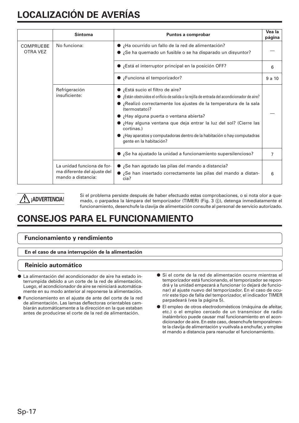 Localización de averías, Consejos para el funcionamiento, Sp-17 | Funcionamiento y rendimiento, Reinicio automático, Advertencia | Friedrich MW12C3E User Manual | Page 56 / 62