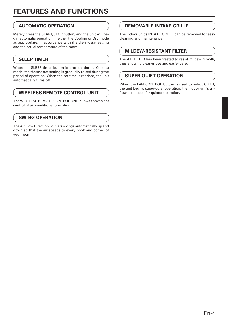 Features and functions, En-4 | Friedrich MW12C3E User Manual | Page 7 / 62