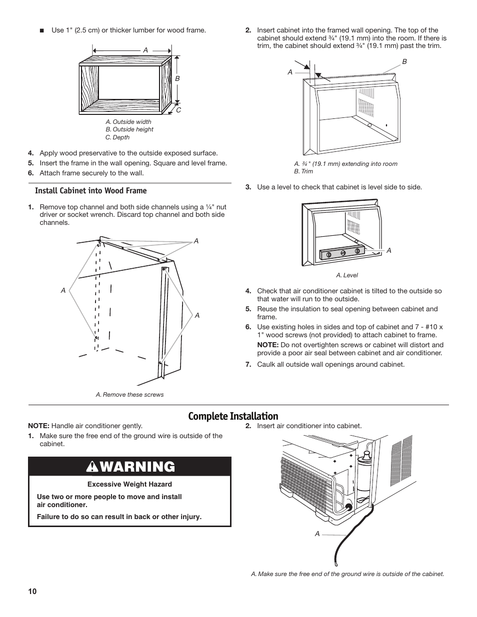 Warning, Complete installation | Friedrich CP18C30 User Manual | Page 10 / 16