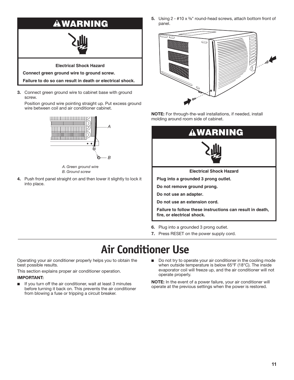 Air conditioner use, Warning | Friedrich CP18C30 User Manual | Page 11 / 16