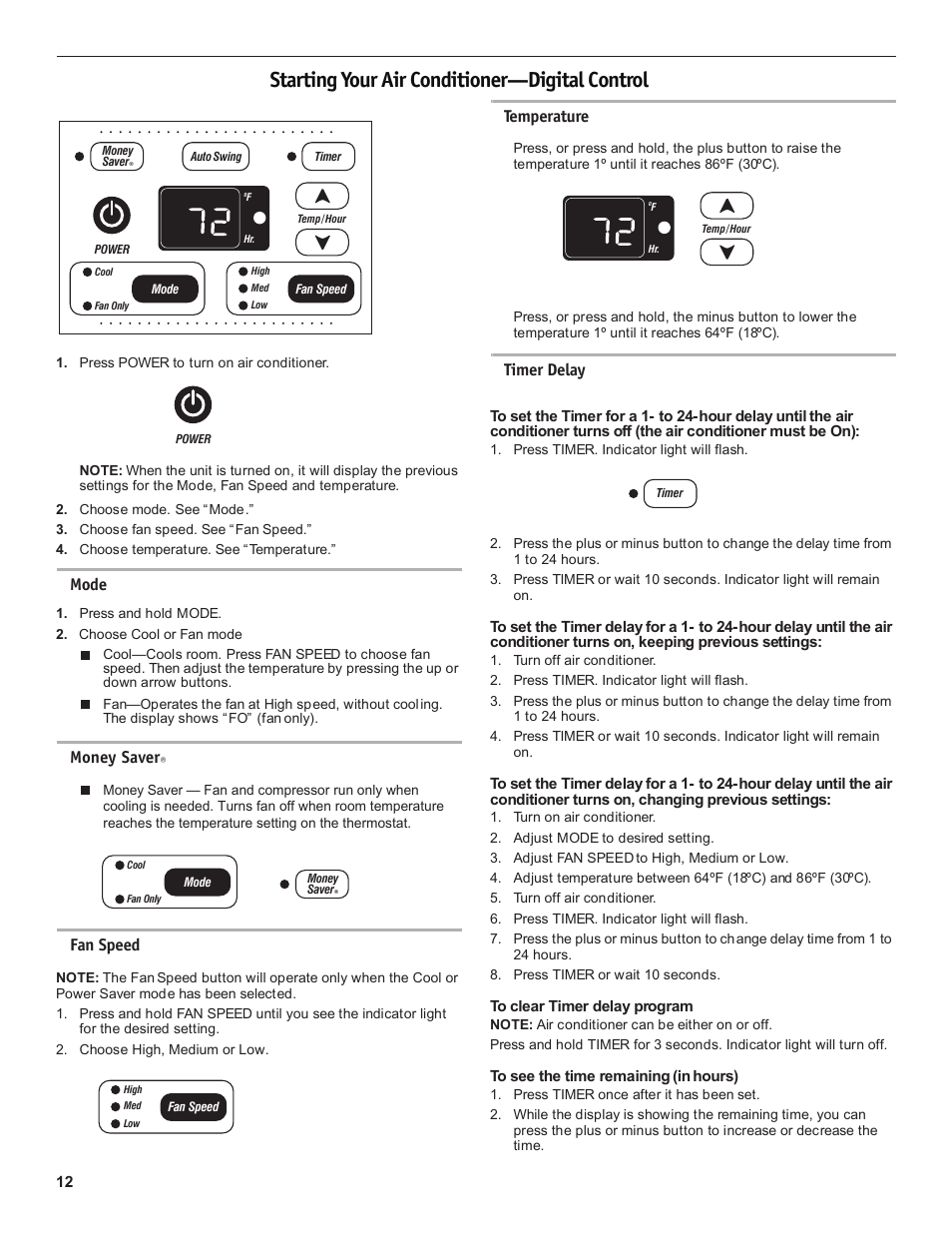 Starting your air conditioner—digital control, Mode, Fan speed | Temperature, Timer delay, Money saver | Friedrich CP18C30 User Manual | Page 12 / 16