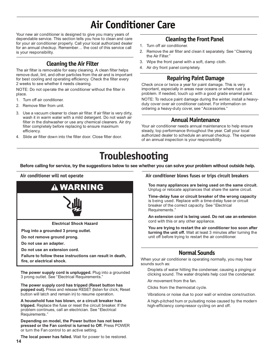 Air conditioner care, Troubleshooting, Warning | Cleaning the air filter, Cleaning the front panel, Repairing paint damage, Annual maintenance, Normal sounds | Friedrich CP18C30 User Manual | Page 14 / 16