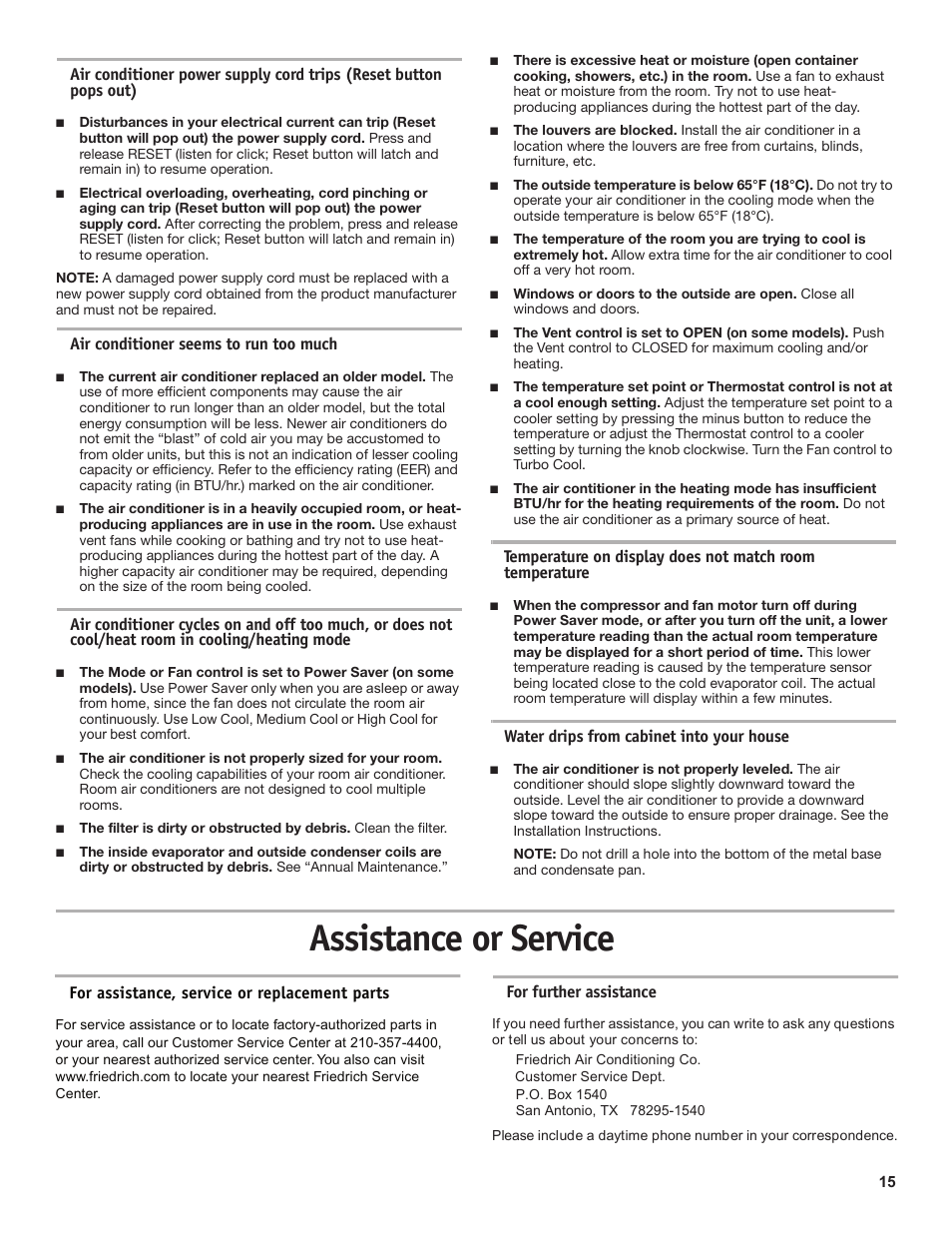 Assistance or service | Friedrich CP18C30 User Manual | Page 15 / 16