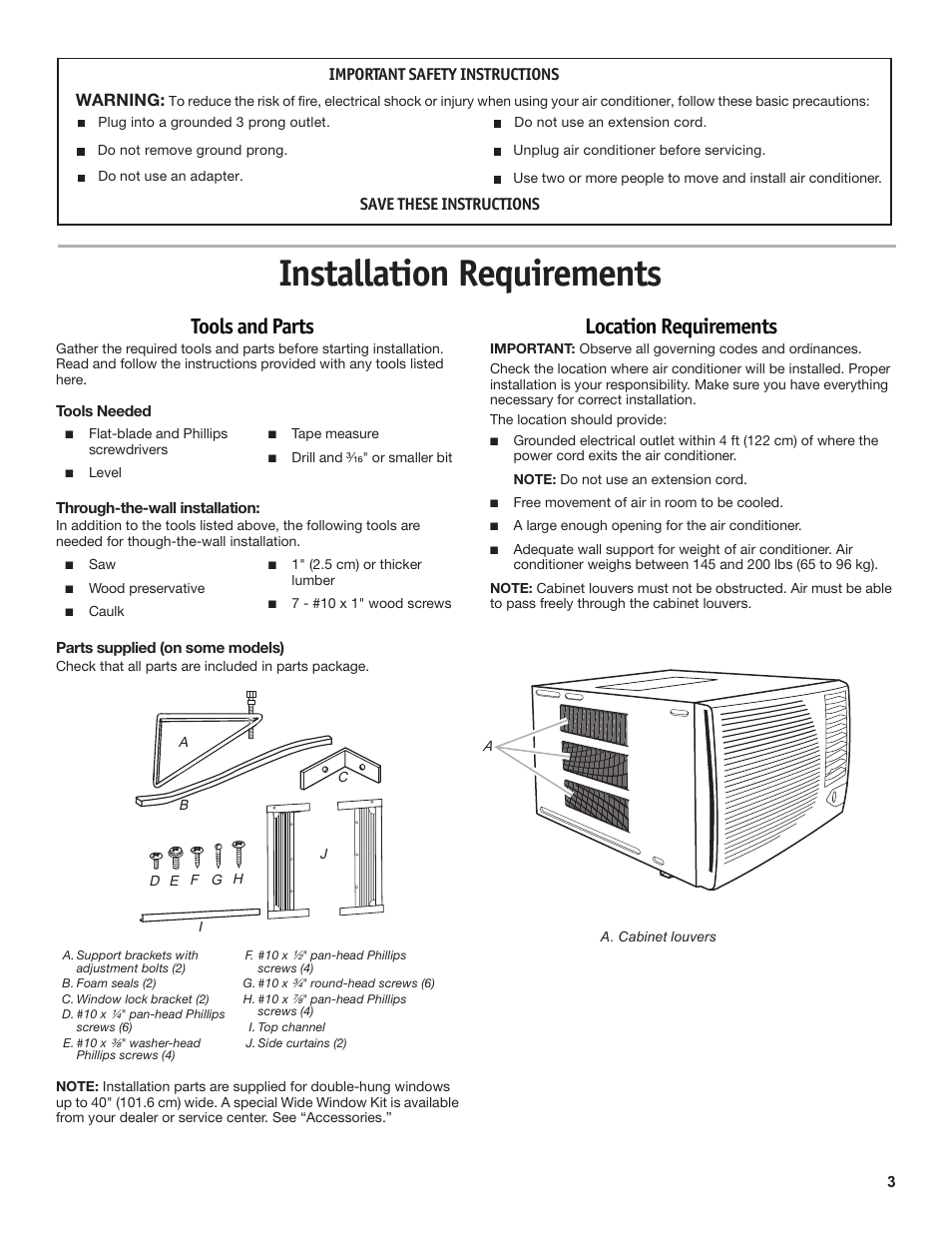 Installation requirements, Tools and parts, Location requirements | Friedrich CP18C30 User Manual | Page 3 / 16