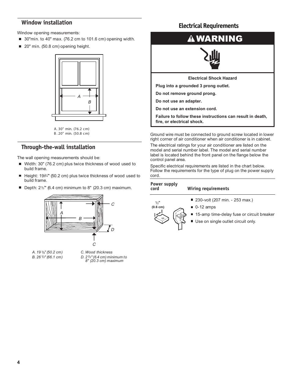 Warning, Electrical requirements, Window installation | Through-the-wall installation | Friedrich CP18C30 User Manual | Page 4 / 16