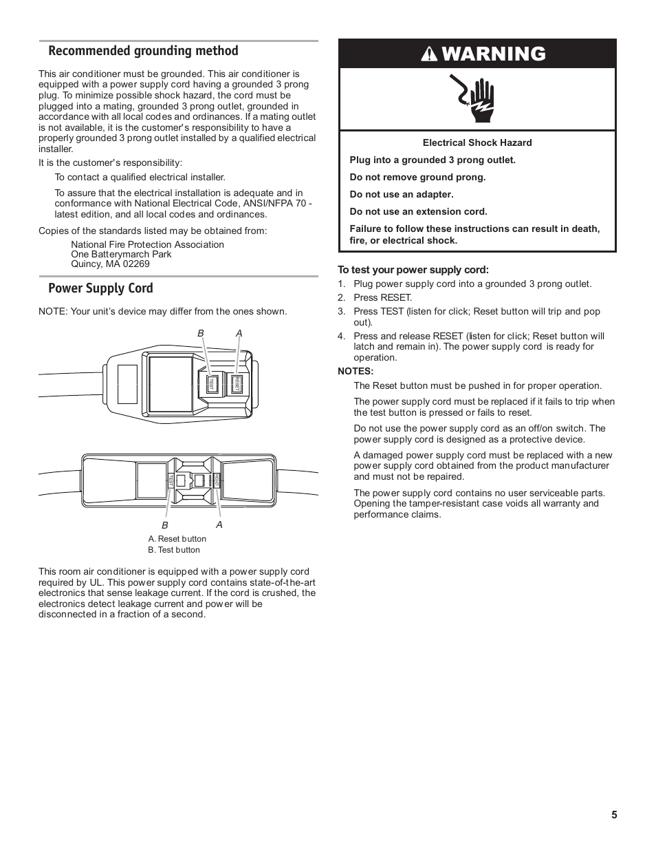 Warning, Recommended grounding method, Power supply cord | Friedrich CP18C30 User Manual | Page 5 / 16