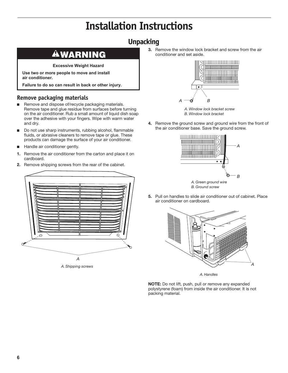 Installation instructions, Warning, Unpacking | Remove packaging materials | Friedrich CP18C30 User Manual | Page 6 / 16