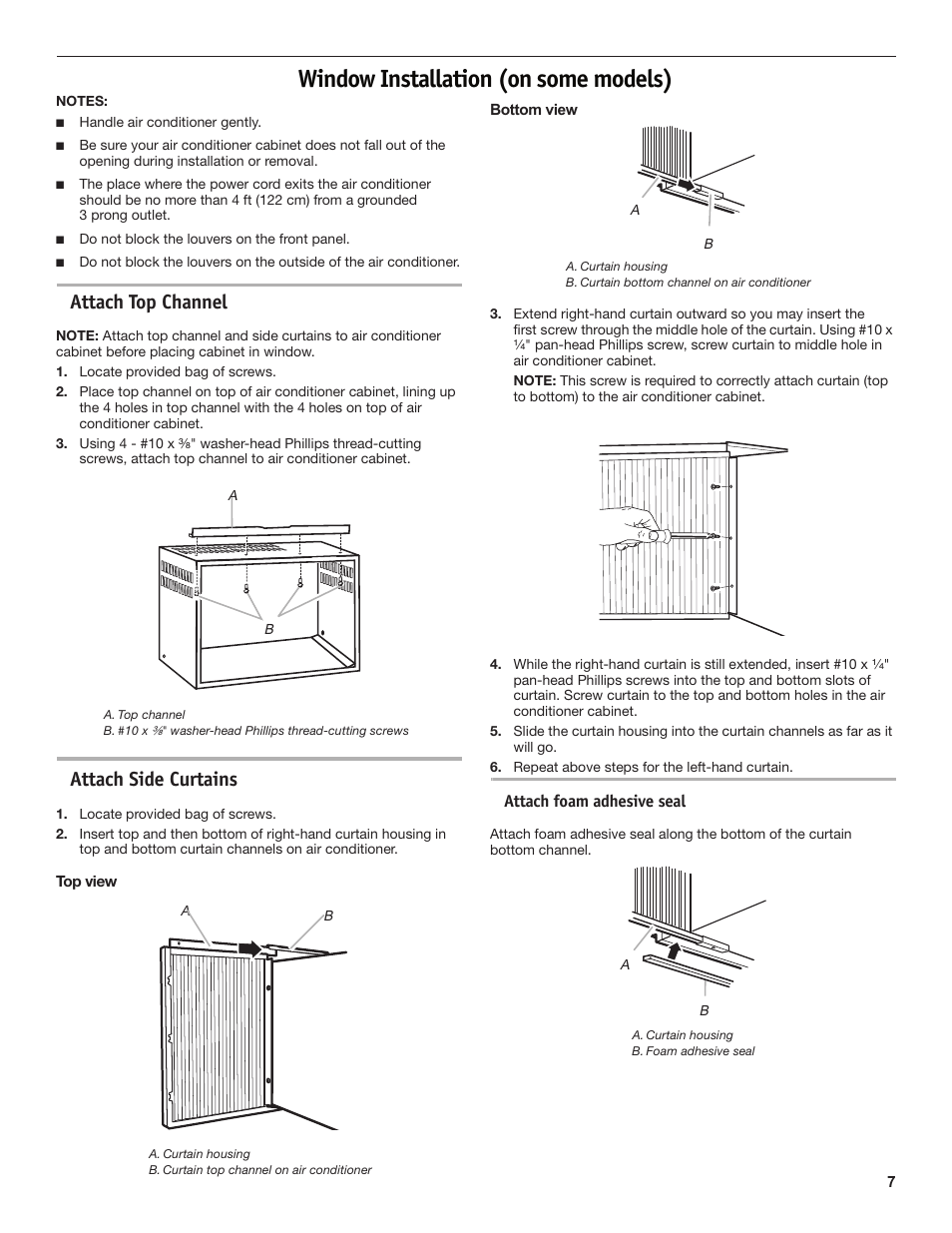 Window installation (on some models), Attach top channel, Attach side curtains | Friedrich CP18C30 User Manual | Page 7 / 16