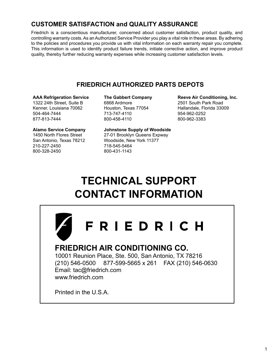 Technical support contact information, Friedrich air conditioning co | Friedrich MR12Y3H User Manual | Page 2 / 23