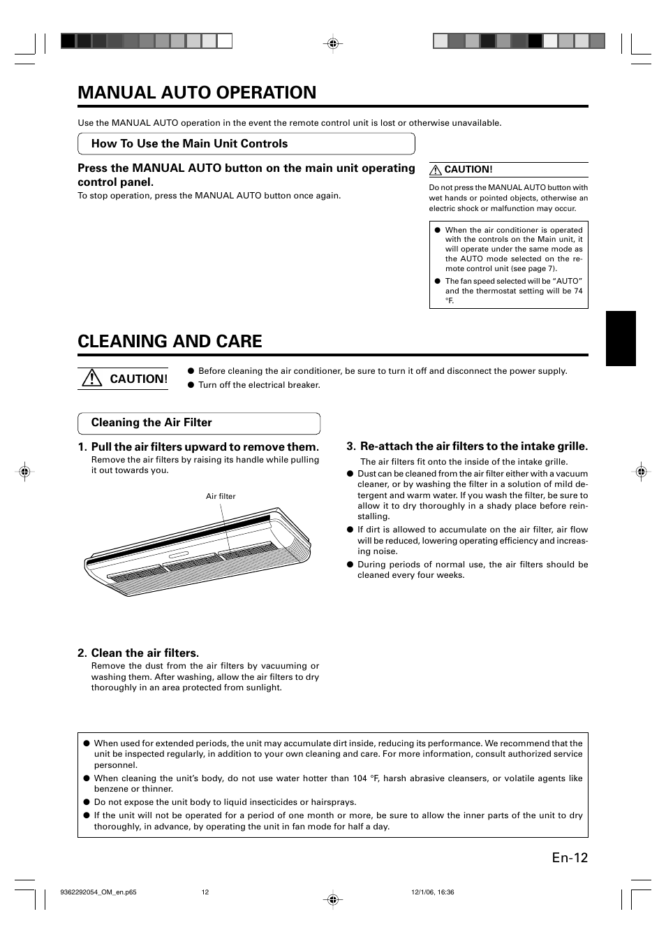 Manual auto operation, Cleaning and care, En-12 | Friedrich AIR CONDITIONER CEILING SUSPENSION TYPE P/N9362292054 User Manual | Page 13 / 52