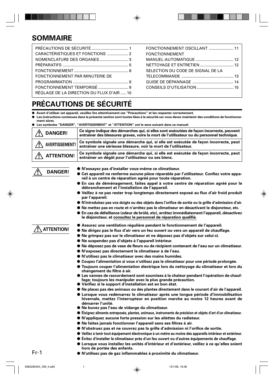 Sommaire, Précautions de sécurité, Fr-1 | Friedrich AIR CONDITIONER CEILING SUSPENSION TYPE P/N9362292054 User Manual | Page 18 / 52