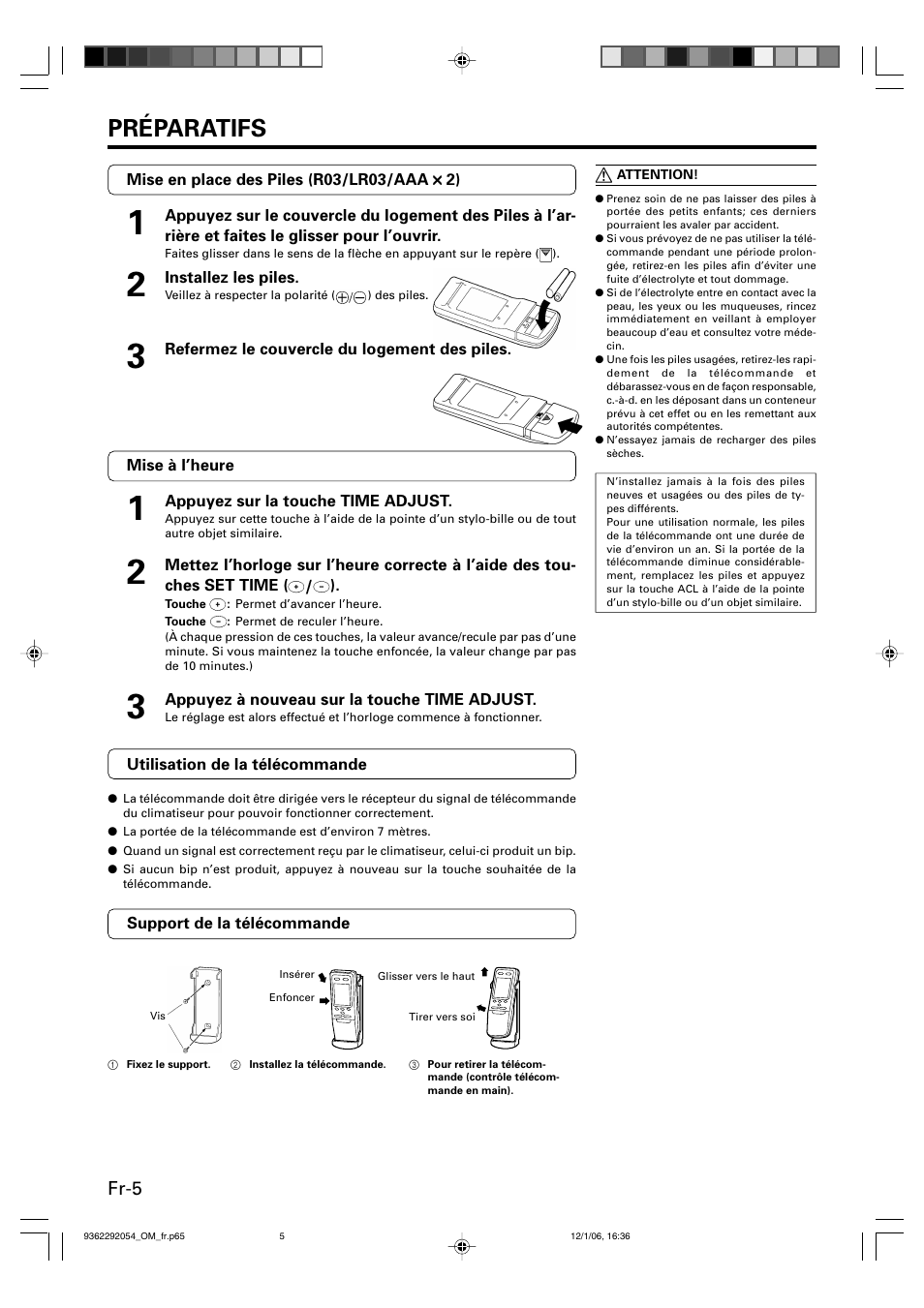 Préparatifs, Fr-5 | Friedrich AIR CONDITIONER CEILING SUSPENSION TYPE P/N9362292054 User Manual | Page 22 / 52