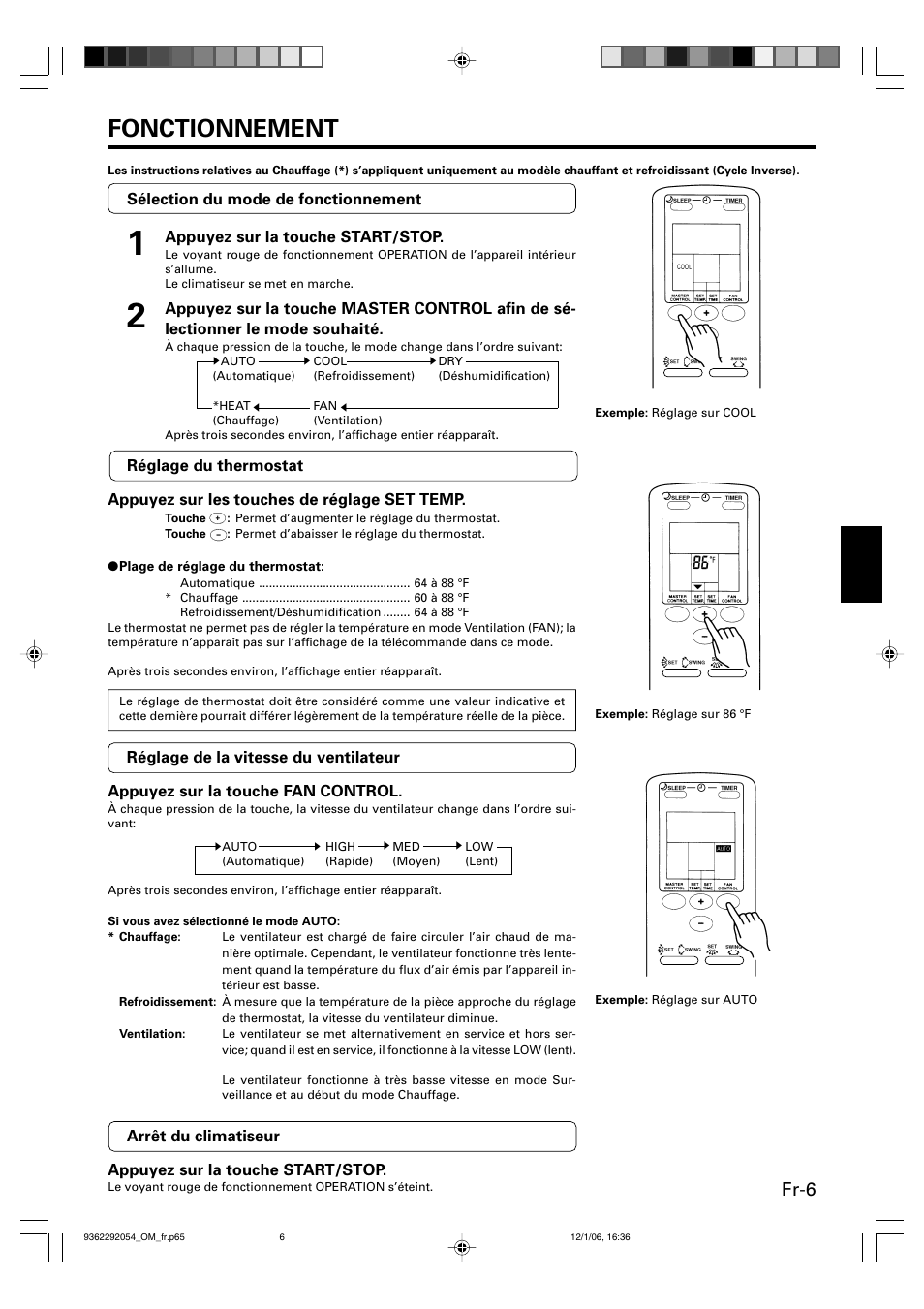 Fonctionnement, Fr-6 | Friedrich AIR CONDITIONER CEILING SUSPENSION TYPE P/N9362292054 User Manual | Page 23 / 52