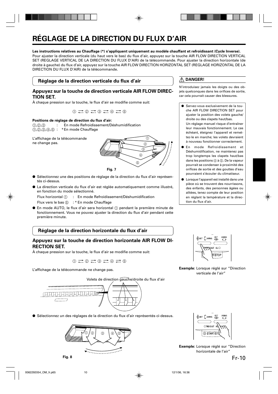 Réglage de la direction du flux d’air, Fr-10 | Friedrich AIR CONDITIONER CEILING SUSPENSION TYPE P/N9362292054 User Manual | Page 27 / 52