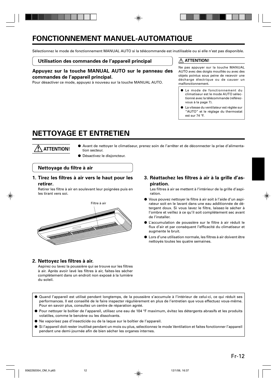 Fonctionnement manuel-automatique, Nettoyage et entretien, Fr-12 | Friedrich AIR CONDITIONER CEILING SUSPENSION TYPE P/N9362292054 User Manual | Page 29 / 52