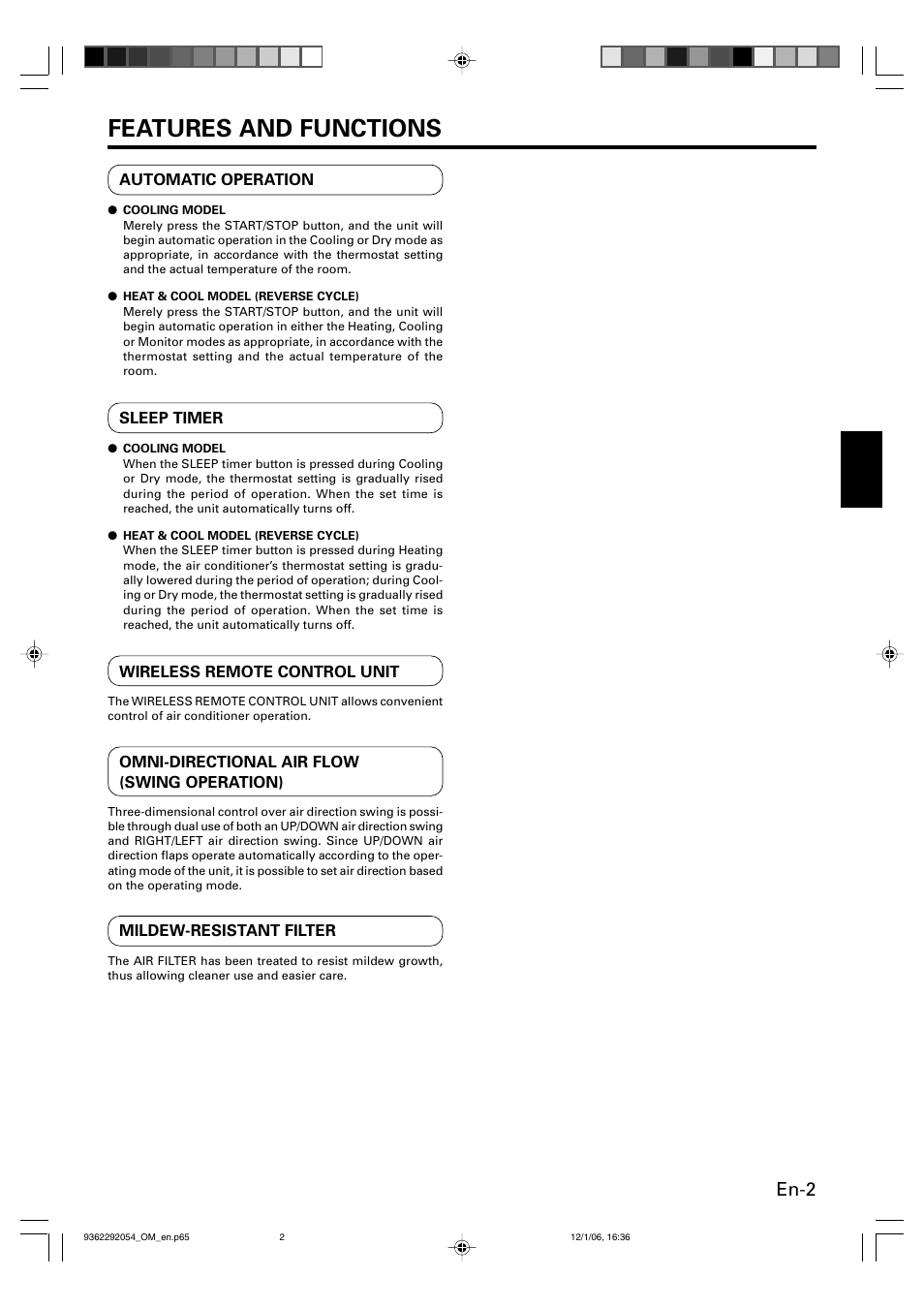 Features and functions, En-2 | Friedrich AIR CONDITIONER CEILING SUSPENSION TYPE P/N9362292054 User Manual | Page 3 / 52