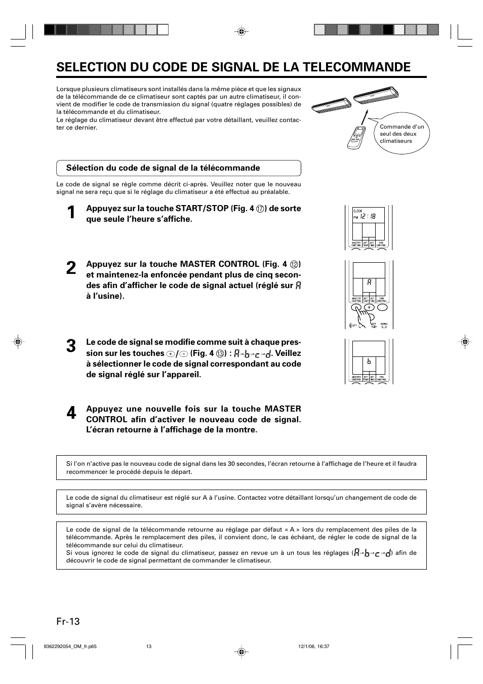 Selection du code de signal de la telecommande | Friedrich AIR CONDITIONER CEILING SUSPENSION TYPE P/N9362292054 User Manual | Page 30 / 52