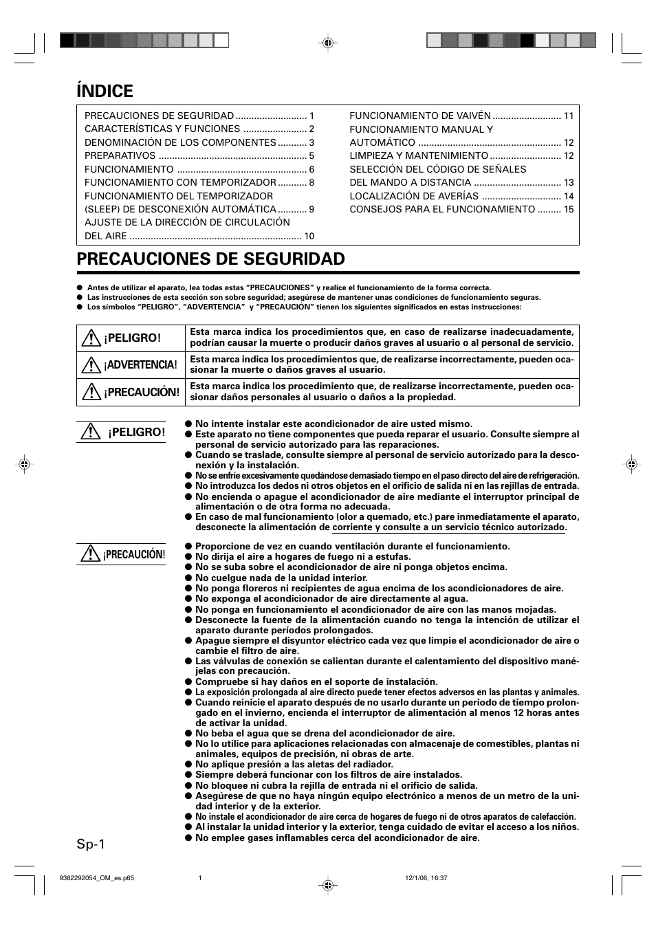 Índice, Precauciones de seguridad, Sp-1 | Friedrich AIR CONDITIONER CEILING SUSPENSION TYPE P/N9362292054 User Manual | Page 34 / 52